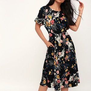 Lulu's Floral Black Midi Dress xs